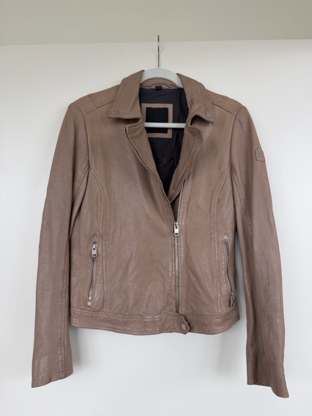 Women's Taupe Leather Moto Jacket with Asymmetrical Zip